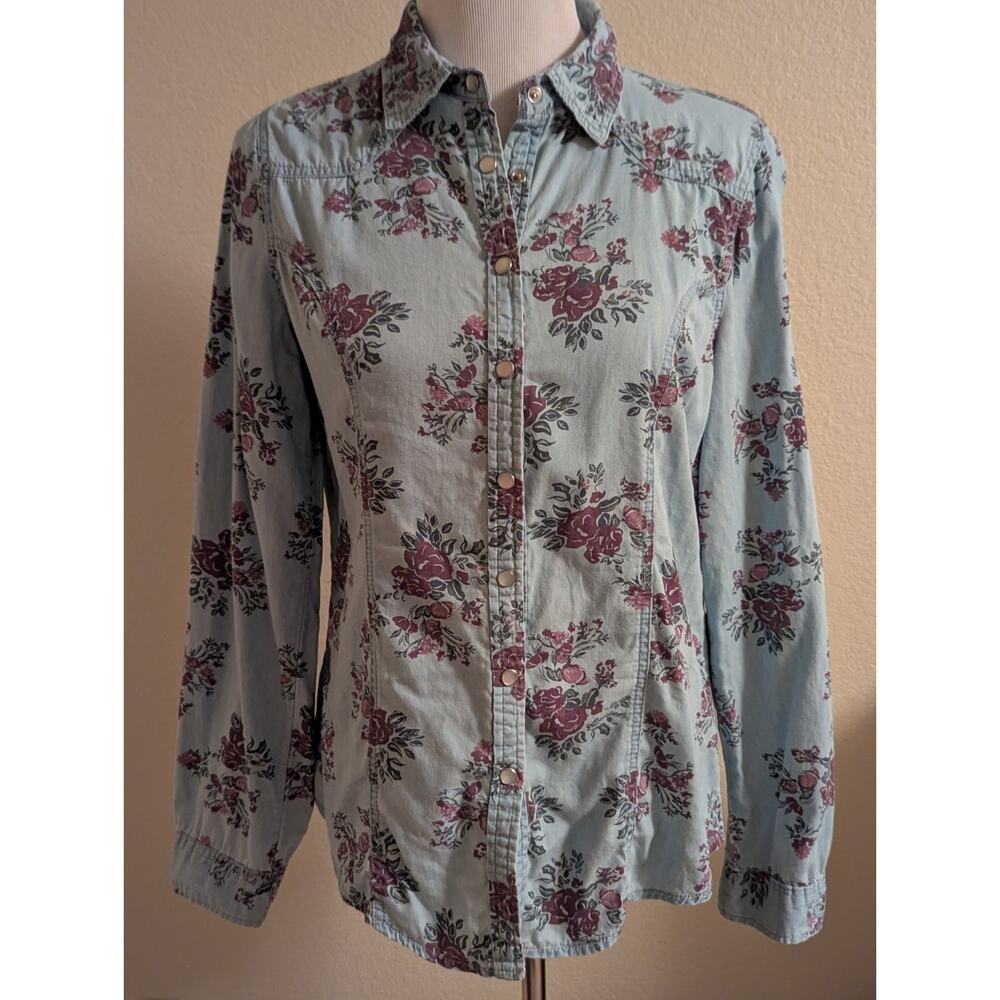 Rue21 Floral Button Down Shirt Light Wash Denim Look Snap Front Boho Western Top